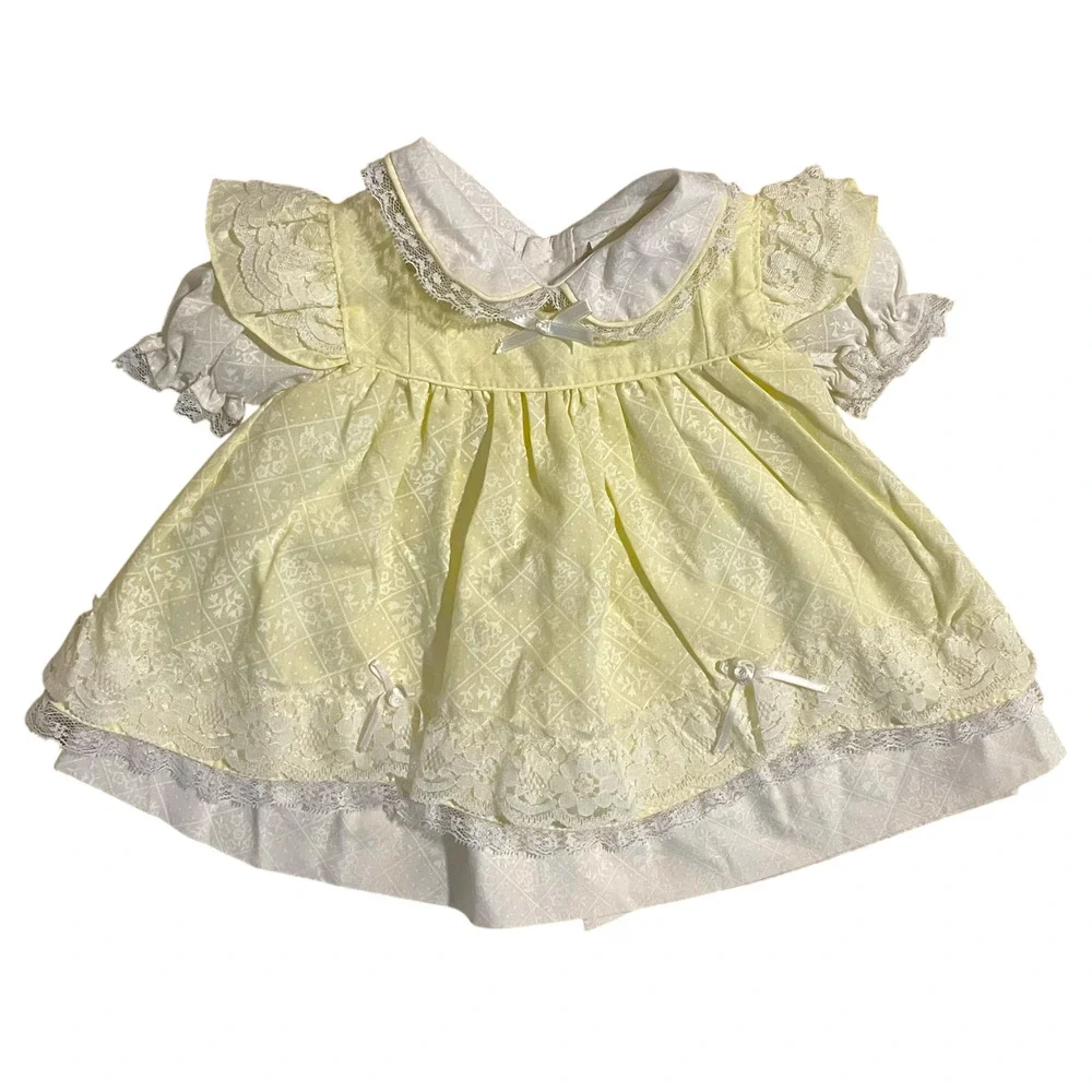 Vintage Baby Mayfair 2 pc Dress Pinafore Yellow White Ruffle Lace Newborn-14 lbs